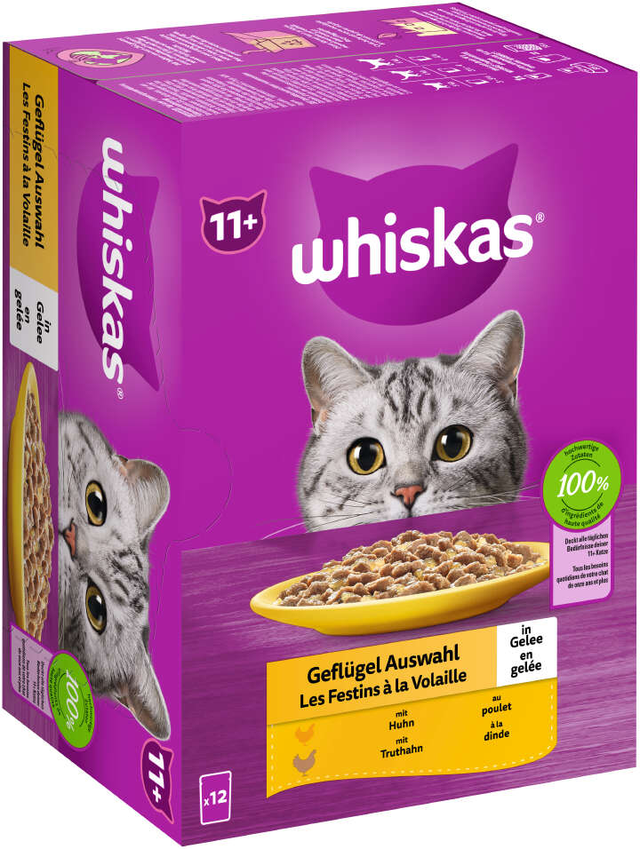 whiskas Katzen-Nassfutter Portionsbeutel Multipack 11+ Geflügel Auswahl in Gelee 12 x 85g